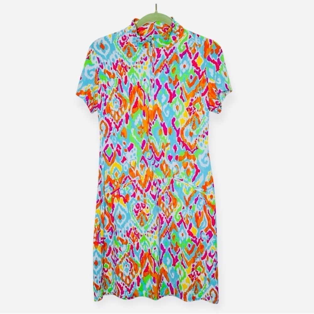 IBKUL Tillie Mock Neck Zip Dress Sleeveless Seafoam Multi Golf Size Small